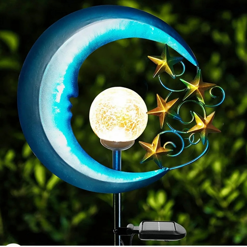 Solar Powered Cresent Moon & Stars Outdoor Lighting Fixture NWT